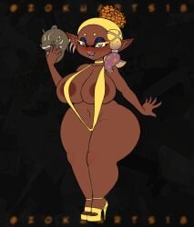 1girls blush dark-skinned_female dark_skin deep_cut_(splatoon) frye_(splatoon) large_breasts nintendo nude pointy_ears solo splatoon splatoon_(series) splatoon_3 string_bikini thick_thighs zokuarts