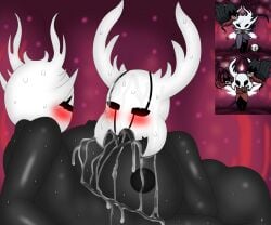 1boy 1boy1girl 1girls 2022 big_breasts black_body black_nipples cum cum_on_breasts cum_on_face fan_character female hollow_knight large_breasts looking_at_partner magalnik male oc paizuri self_upload tagme team_cherry vessel_(species) white_head