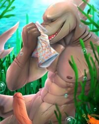 abs anthro bubble clothing erection facial_scar fish genitals gills grey_body hi_res male male_only marine muscular muscular_anthro muscular_male navel nipples nude open_mouth pecs penis scar seaweed shark sharp_teeth shrimpiing sniffing solo teeth underwater underwear underwear_sniffing water