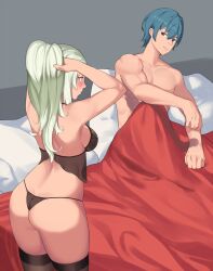 1boy 1girls bad_id bad_twitter_id bed before_sex black_lingerie blonde_female blue_hair blush breasts byleth_(fire_emblem) byleth_(fire_emblem)_(male) byleth_(male)_(fire_emblem) couple edelgard_von_hresvelg female fire_emblem fire_emblem:_three_houses hetero inactive_account light-skinned_female light-skinned_male lingerie medium_breasts nintendo post-timeskip silver_hair smile suwaiya thong turquoise_hair underwear undressing white_hair