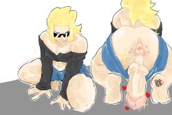 anus big_butt cock-tail crop_top feet huge_ass huge_cock johnny_bravo johnny_bravo_(series) male male_only muscular muscular_male penis presenting presenting_anus presenting_penis puffy_anus raburesu_ soles squatting