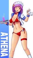 1girls athena_asamiya big_breasts bikini blush breasts busty cameltoe cleavage female female_only hi_res king_of_fighters large_breasts legs lipstick makeup navel one_eye_closed open_clothes open_mouth purple_eyes purple_hair red_bikini sailor_collar short_hair smile snk solo swimsuit thighs tsumitani_daisuke v waitress wink