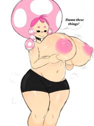 1girls big_breasts black_eyes blush booty_shorts breasts busty cameltoe color female female_only fungi_fauna fungi_humanoid hi_res holding_breast huge_breasts humanoid light-skinned_female light_skin mario_(series) mob_face mushroom_cap mushroom_girl mushroom_hat mushroom_humanoid navel nintendo nipples pink_hair pink_nipples short_shorts shorts simple_background smile solo standing takaidraws thick_thighs toadette topless twintails white_background wide_hips