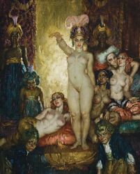 art dark-skinned_female dark_skin exotic exotic_dancer harem harem_girl harem_girls harem_outfit historically_inaccurate human human_only interracial light-skinned_female light_skin multiple_girls norman_lindsay norman_lindsay_art nude nude_female painting painting_(artwork)