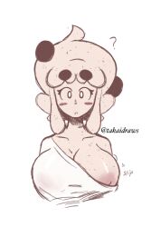 1girls big_breasts blush breast_exposed clueless cookies_(takaidraws) female female_only looking_at_viewer monochrome nipple_slip solo takaidraws white_background