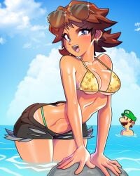 1boy 1girls ass bikini bikini_tan blue_eyes brown_hair cleavage female female_focus freckles luigi male mario_(series) minicop2001 nintendo princess_daisy shorts sunglasses_on_head swimsuit tan tanline tanned tomboy