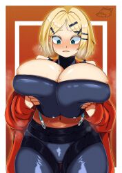 1girls alternate_breast_size bare_shoulders big_breasts black_pants black_survival blonde_female blonde_hair blue_eyes blush breast_expansion breast_grab breast_hold breasts cleavage clothed clothes clothing cowboy_shot eternal_return:_black_survival female female_only front_view fully_clothed gigantic_breasts hair_ornament hairclip highres huge_breasts human human_only humanoid hyper_breasts large_breasts looking_at_breasts navel nervous nicky_(black_survival) pants parted_lips rinyamame skindentation solo solo_female sweat top_heavy