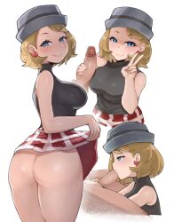 1boy 1girls 2022 artsheops ass bare_legs blonde_hair blowjob blue_eyes blush bubble_butt female hat heart-shaped_pupils hips large_ass large_penis looking_at_viewer naughty_face nintendo no_panties penis pokemon pokemon_(anime) pokemon_journeys pokemon_xy serena_(pokemon) short_hair skirt_lift slim_waist smile thick_thighs thighs wide_hips