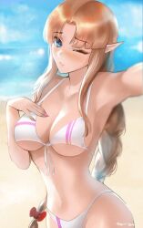 1girls alluring beach belly belly_button big_breasts bikini blonde_female blonde_hair blue_eyes blush blushing braid braided_hair breasts busty curvy curvy_body curvy_female curvy_figure elf elf_ears eye_closed female female_only fingernails hand_on_breast hips large_breasts long_ears long_hair nail_polish nintendo one_closed_eyes one_eye_closed pink_nails pointy_ears pose posing princess princess_zelda royal royalty selfie sharp_ears swimsuit swimwear tagme taking_photo taking_picture taking_selfie the_legend_of_zelda thin thin_waist tommietomm tummy waist wink winking zelda_(a_link_between_worlds)