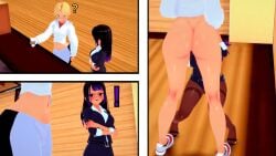 2koma animated black_hair blonde_hair blowjob bulge bulge_through_clothing comic_page comic_strip femboy gif glasses high_heels hrenit instant_loss_2koma kneeling leggings loop nail_polish on_her_knees original original_character original_characters pantyhose pubic_hair shoes_on visible_pussy