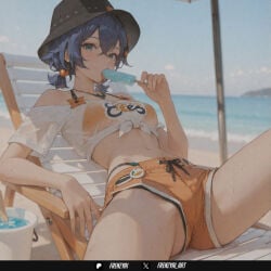 1girls ai_generated bare_shoulders beach beach_chair beach_umbrella belle_(summer_skies)_(zenless_zone_zero) belle_(zenless_zone_zero) bikini bikini_under_clothes black_headwear blue_eyes blue_hair blurry breasts bucket_hat chair day female female_only food frenzyai hair_between_eyes hair_ornament halterneck hat looking_at_viewer lounge_chair low_twintails lying medium_breasts midriff navel official_alternate_costume on_back orange_bikini orange_shorts outdoors popsicle reclining see-through shirt short_hair short_shorts short_twintails shorts solo spread_legs sweat swimsuit thighs tied_shirt twintails umbrella water wet white_shirt zenless_zone_zero