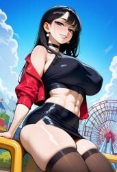 tyrisai ai_generated gwen_(trogiai) big_breasts large_breasts long_hair black_hair black_eyes looking_at_viewer solo solo_female female 1girls female_only female_focus clothing clothed thick_thighs color hi_res light_skin light-skinned_female bare_thighs abs pearl pearl_earrings earrings jacket jacket_open skirt standing