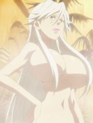 1girls basquash! breasts female female_only hair_censor hand_on_hip haruka_gracia highres huge_breasts long_hair looking_up mature mature_female mature_woman navel nude onsen pink_lipstick pose posing sensual serious sexy solo stitched very_long_hair voluptuous white_hair yellow_eyes