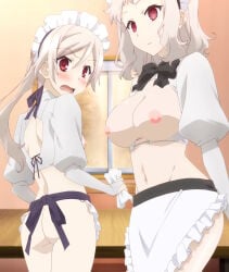 edit edited edited_screencap 2girls female female_only red_eyes white_hair pale_skin pale-skinned_female maid maid_uniform ass short_hair ponytail wavy_hair fate_(series) fate fate/kaleid_liner_prisma_illya sella sella_(fate) leysritt leysritt_(fate)