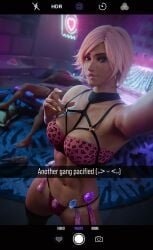 1boy 1girl 1girls asuka_kazama blonde_hair clothed condom condom_belt earrings exhausted_male fake_nails female_focus filled_condom gyaru gyaru_gal kazama_asuka leopard_print lewdgazer lip_biting looking_at_viewer makeup makeup_running male phone_camera pink_leopard_print selfie selfie_pose tagme tanned_skin tekken text