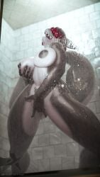 3d absurd_res anthro aquatic ayu_artistunkwn behind_glass big_breasts bodily_fluids breast_play breasts female fingering fingering_self fish genital_fluids genitals hi_res inside masturbation nipples pubic_tattoo scylla_(xstack3000) shark shower solo standing standing_masturbation tattoo vaginal vaginal_fingering vaginal_fluid_string vaginal_fluids vulva watermark