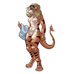 anthro blonde_hair breasts brown countershading daedalusui digitigrade feline female fur furry goggles hair hybrid long_hair marine navel nipples nude orange_body orange_fur pussy renissy shark solo standing stripes tail tiger white_background white_fur