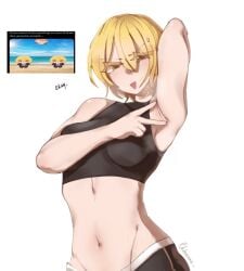 1girl 1girls armpit armpit_crease armpit_fetish armpit_spread armpits belly belly_button blonde blonde-haired_female blonde_female blonde_hair blonde_hair_female breasts chiraraa don_quixote_(limbus_company) female female_focus female_only girl limbus_company looking_at_viewer looking_down looking_down_at_viewer medium_breasts project_moon solo solo_female solo_focus sports_bra sportswear spreading spreading_armpit stomach tagme yellow_eyes yellow_hair