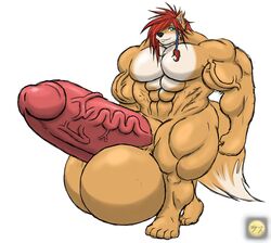 1boy anthro balls big_balls blue_eyes braids canine eyes fur furry hair hair_over_one_eyes huge_cock hyper looking_at_viewer male male_only muscles nude penis pose rath_roland red_hair red_wolf solo standing tail wolf wolf_nanaki