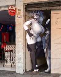 1boy 1girls alleyway_milf_(meme) anthro areola big_breasts biped bodily_fluids breasts canid canid_demon canine collar colombia demon detailed_background duo female fur genital_fluids genitals gloves_(marking) hellaverse hellhound helluva_boss hi_res huge_breasts larger_female loona_(helluva_boss) male mammal medellin,_colombia meme multicolored_body mythological_canine mythological_creature mythology naked naked_female nipples nude nude_female outside pilsen_callao ppcat red_sclera size_difference smaller_male smartphone spiked_collar spikes stockings_(marking) sweat thigh_high_marking trend vaginal_fluids vulva white_body