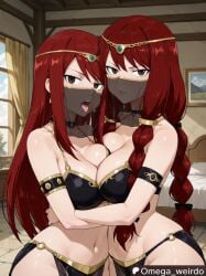irene_belserion erza_scarlet fairy_tail omega_weirdo red_hair long_hair brown_eyes circlet mouth_veil dancer dancer_outfit harem_outfit big_breasts breast_press cuddling embracing embracing_another looking_at_viewer bed bedroom indoors mouth_open tongue_out ai_generated patreon 2girls mother_and_daughter quad_tails