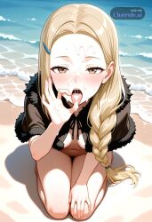1girl ai_assisted ai_generated awaiting_cum beach brown_eyes cum_in_hair cum_on_face cum_on_hands fellatio_gesture full_body hair_over_shoulder hairclip kneeling light_blonde_hair mole_under_eye naked open_mouth oral_invitation tongue_out very_long_hair view_from_above