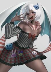 2026 bat_wings black_body borrowed_character bratty cleavage dark-skinned_female digital_drawing_(artwork) digital_media_(artwork) exposed_thighs fangs gothic hair_clip hi_res idol jtbok long_fingernails miniskirt moony_(jtbok) oc original plaid_miniskirt plaid_skirt red_eyes ribbon scarf short_hair short_skirt skirt small_breasts striped_sleeves tartan_skirt tomboyish vampire_girl white_hair wirelixe