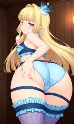 1girls ai_generated ass bangs bare_shoulders big_ass blonde_hair blue_eyes blunt_bangs bottom_heavy cameltoe crown fang frills grabbing_ass grabbing_own_ass grin hair_intakes huge_ass light-skinned_female light_skin long_hair massive_ass mini_crown panties pointy_ears priscilla_(renseijutsushi) purple_thighhighs pussy_visible_through_clothes renseijutsushi_collet_no_h_na_shibo_shirage_monogatari revealing_clothes round_ass round_butt sharp_teeth shortstack small_breasts smug smug_face smug_grin smug_smile soft_ass solo solo_female teasing teasing_viewer teasing_with_ass thick_thighs thighhighs underwear wide_hips