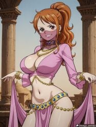 1girl ai_generated big_breasts cleavage dancer dancer_outfit earrings female female_only harem_outfit huge_breasts long_hair looking_at_viewer mouth_veil nami_(one_piece) necklace omega_weirdo one_piece orange_eyes orange_hair patreon ponytail seductive seductive_look smile smiling smiling_at_viewer solo solo_female solo_focus standing