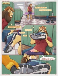 anthro barefoot bench black_clothing blue_bottomwear blue_clothing blue_footwear blush bodily_fluids border bottomwear brown_hair claws clothed clothing comic dialogue dripping duo english_text erection feet felid foot_fetish footwear fur genital_fluids genitals glans hair hi_res humanoid_genitalia humanoid_penis inside lion locker locker_room male male/male male_anthro mammal mane muscular muscular_male musk number orange_body pantherine penis penis_poking_out pink_penis plantigrade precum precum_drip red_clothing red_topwear shirt shoe_sniffing shoes shorts sitting sneakers sniffing sniffing_clothes solo_focus sound_effects speech_bubble surprised sweat sweatdrop tail tan_body text thaz_(artist) thaz_(character) thinking thought_bubble toes topwear yellow_body yellow_penis
