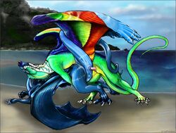 beach blue_eyes claws dragon feathers furry_bodymod gay heart male myrianth piercing rainbow scalie seaside sheath sheath_piercing sixshades tail wings