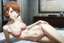 yukari_takeba persona persona_3 ai_generated bed bedroom bedroom_eyes lingerie pink_lingerie bra panties thong lace laying_on_bed laying_on_side seductive seductive_look brown_hair brown_eyes auburn_hair blushing slim_waist skinny navel happy softcore choker hand_on_hip breasts thighs tummy confident sexy