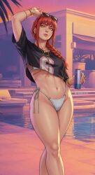 ai_generated arm_up asian asian_female bare_legs bare_thighs belly_button bikini bikini_bottom bikini_top chainsaw_man control_devil cosplay cosplayer glowing_eyes grand_theft_auto_vi hourglass_figure hourglass_figured_female long_hair looking_at_viewer makima_(chainsaw_man) midriff pale-skinned_female pale_skin slim_waist sunglasses_on_head swimsuit tagme tank_top thick_thighs tied_hair wide_hips