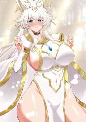 narumi_yuzurai original borrowed_character pelvic_curtain solo sideboob choker breasts large_breasts long_hair blue_eyes blush earrings hat jewelry white_hair wide_hips covered_navel smile