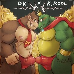 abs accessory anthro ape belly biceps blush bracelet brown_body brown_fur bulge cape clothing crocodile crocodilian crown deltoids donkey_kong_(character) donkey_kong_(series) duo erection eye_contact fur galrock genitals gorilla green_body hair haplorhine headgear hi_res jewelry king_k._rool kremling looking_at_another male male/male mammal musclegut muscular muscular_arms muscular_legs muscular_male necktie nintendo nipples nude open_mouth overweight overweight_male pecs penis primate reptile scales scalie serratus teeth thong triceps underwear