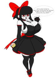 anger_vein angry black_hair choker cleavage fist full_body genderswap_(mtf) goth goth_girl hair_ribbon high_heels huge_breasts large_breasts lipstick pale_skin platform_heels red_eyes red_heels ribbon rule_63 scythe_(dizzyspells) short_dress sidelocks speech_bubble spiked_collar super_crown thick_thighs thighhighs twilight_jester white_skin