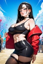 tyrisai ai_generated gwen_(trogiai) big_breasts large_breasts long_hair black_hair black_eyes looking_at_viewer solo solo_female female 1girls female_only female_focus clothing clothed thick_thighs color hi_res light_skin light-skinned_female bare_thighs abs pearl pearl_earrings earrings jacket jacket_open skirt standing