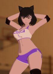 1girls 3d armpits arms_behind_head big_breasts black_hair black_hair_female blake_belladonna busty cat_ears faunus female female_only gym_clothes gym_uniform hands_behind_head large_breasts legs looking_at_viewer midriff navel pose posing rwby softserveneo solo_female thighs voluptuous yellow_eyes