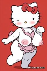 1girls ai_generated anthro big_breasts chibi_style female furry furry_female hello_kitty hello_kitty_(character) hello_kitty_(series) huge_breasts sanrio shortstack solo chibi cat_girl cat thick_thighs apron apron_only wink winking_at_viewer exposed_breasts vulva pussy vagina