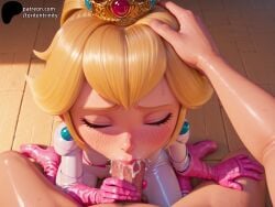 1boy 1girls 3d ai_generated blonde_hair blowjob blush clothing crown cum cum_in_mouth duo ear_piercing ejaculation faceless_male female female_focus genitals hand_on_head human human_on_human human_only light-skinned_female light-skinned_male light_skin mario_(series) nintendo patreon princess princess_peach royalty sex straight straight_sex super_mario_bros._(2023_film) super_mario_galaxy_(2026_film) toriten