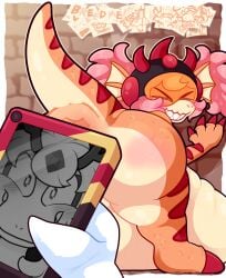 abdominal_bulge against_surface against_wall alley anal_prolapse anthro anus armor ass_up begging begging_for_sex belly big_belly big_butt blargasmic blush bodily_fluids breasts breeding_kink butt cellphone claws colored_nails countershading cum cum_inflation cum_inside cumflated_belly dialogue dinosaur electronics eyelashes eyes_closed female genital_fluids genitals hair headgear helmet hi_res holding_object holding_phone horn horned_helmet huge_belly inflation kaiju licking monster multicolored_body nails navel nipples nude obese obese_female one_eye_closed oral orange_body overweight overweight_female penile penis penis_lick phone pigtails pink_hair pink_nipples plump_labia prehistoric_species presenting prolapse red_nails reflection reptile saurischian scales scalie sex sharp_teeth slightly_chubby small_breasts smile snout solo stripes taking_picture teeth text theropod toe_claws tongue tsuchino_(blargen69) two_tone_body tyrannosaurid tyrannosauroid tyrannosaurus tyrannosaurus_rex visor vulva wide_hips wink yokai_love_you!