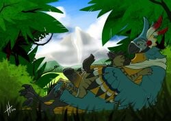 2021 absurd_res after_anal alternate_version_at_source anthro anthro_on_anthro arm_feathers avian beak blue_body blue_feathers blue_sky breath_of_the_wild canid canine cheating cheating_husband claws closed_smile cloud dated day duo ears_back erection eyewear feathers fur genitals glasses glistening glistening_eyes grass grey_beak grey_hair hair hi_res hufnaar humanoid_genitalia humanoid_penis kass_(tloz) lying male male/male mammal mountain mouth_closed narrowed_eyes netorare nintendo ntr nude on_back on_top orange_eyes penis pivoted_ears plant prosthetic prosthetic_leg prosthetic_limb size_difference sky smile striped_arms striped_legs tan_body tan_fur the_legend_of_zelda toe_claws tree yellow_body yellow_eyes yellow_feathers