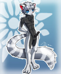 3_toes 5_fingers anthro balls barefoot black_fur blue_eyes chest_tuft closed_mouth erection fur furry_ears furry_tail grey_fur grey_hair hair hand_on_hip humanoid_penis looking_at_viewer male male_only open_eyes penis pink_nose pinup short_hair smile solo standing stripes tail whiskers z00p