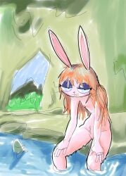 anthro bath bathing birriadelmal313 breasts female fur genitals hair hi_res lagomorph leporid mammal nature nipples nude nude_female pink_body pink_fur purple_eyelids rabbit red_hair sitting small_breasts solo teeth vulva water
