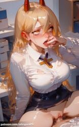 ai_generated power_(chainsaw_man) chainsaw_man arlequin097 1girl long_hair breasts blush open_mouth skirt blonde_hair large_breasts shirt long_sleeves 1boy hair_between_eyes yellow_eyes white_shirt hetero horns penis teeth pussy solo_focus tongue collared_shirt indoors tears sex tongue_out vaginal torn_clothes symbol-shaped_pupils saliva uncensored straddling sharp_teeth girl_on_top demon_horns cowgirl_position clothed_sex red_horns finger_in_own_mouth