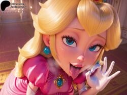 1girls 3d ai_generated armwear blonde_hair blue_eyes clothing crown dress ear_piercing female female_only human human_only indoors light-skinned_female light_skin long_hair looking_at_viewer mammal mario_(series) mature mature_female nintendo open_mouth patreon pink_dress princess princess_peach royalty solo solo_female solo_focus super_mario_bros._(2023_film) super_mario_galaxy_(2026_film) tongue tongue_out toriten white_armwear