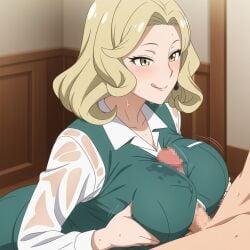 1boy 1girls ai_generated blonde_hair camilla_(spy_x_family) clothed_paizuri earrings licking_lips office_lady paizuri paizuri_lead_by_female spy_x_family sweat yellow_eyes zuriemon