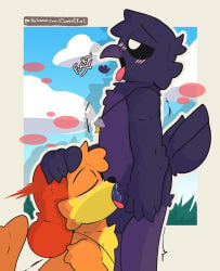 absurd_res alexboom11 anthro avian bird blush blush_lines canid canine chest_fur cloud cloudy_sky comet_kat corvid corvus_(genus) dogday_(poppy_playtime) duo electricity eyes_closed feathered_tail feathers fellatio grass hand_on_head hi_res lightning looking_pleasured male male/male mammal mob_entertainment nightmare_critters nude oral orange_body oscine outside passerine patreon patreon_logo penetration penile plant poe_(poppy_playtime) poppy_playtime profanity purple_body raven sex sky smiling_critters standing tail tongue