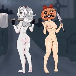creepypasta zero_(creepypasta) naoko_kirino pumpkin_night halloween crossover nude nude_female female female_only female_focus 2girls looking_at_viewer white_hair white_body white_skin white_ass white_butt white_breasts white_tits silver_hair silver_eyes black_lips black_lipstick hammer big_butt hips medium_breasts knife nightmare_waifu alternate_version_available alternate_version_at_source goatgaby pumpkin pumpkin_head scars scars_all_over scars_on_thighs