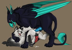 anthro_bestiality avian canine canine_penis couple demicoeur feral furry furry_only gay gryphon male mount no_humans penis sex size_difference wings wolf